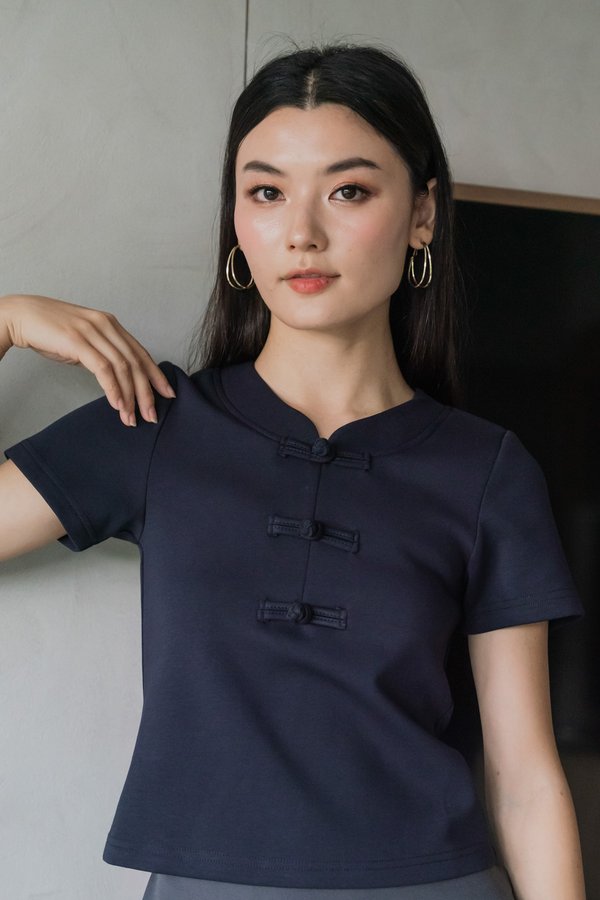 Jade Cotton Qipao Top In Navy