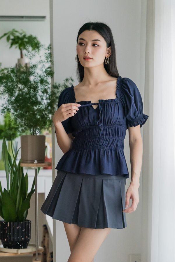Hope Ruched Ribbon Top In Navy