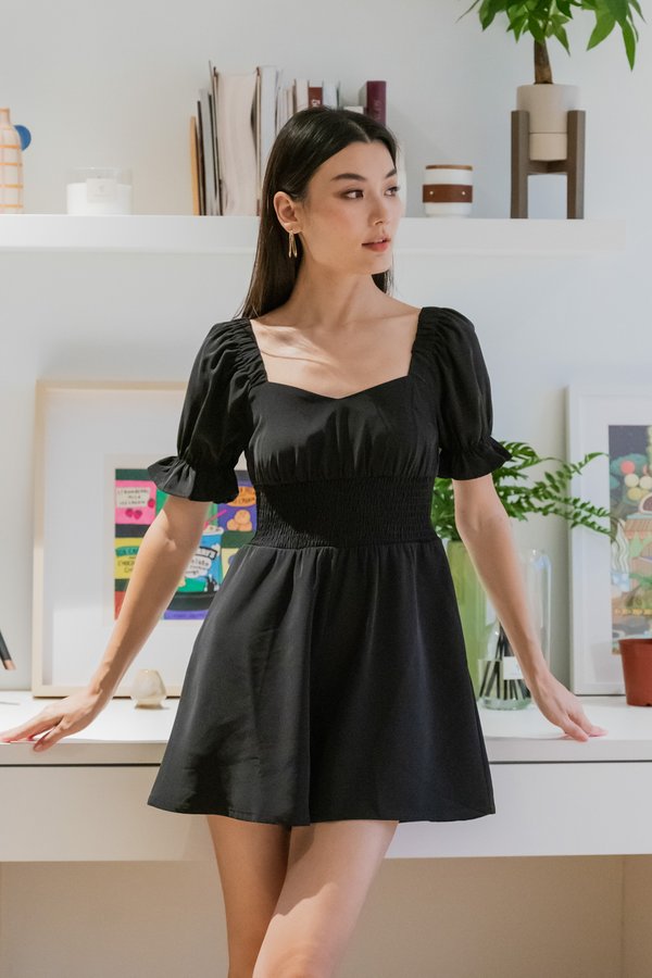 Sonya Smocked Waist Romper In Black