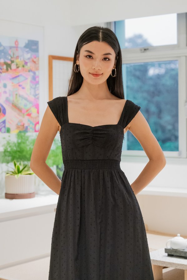 Sophie Swissdot Smocked Waist Midi Dress In Black