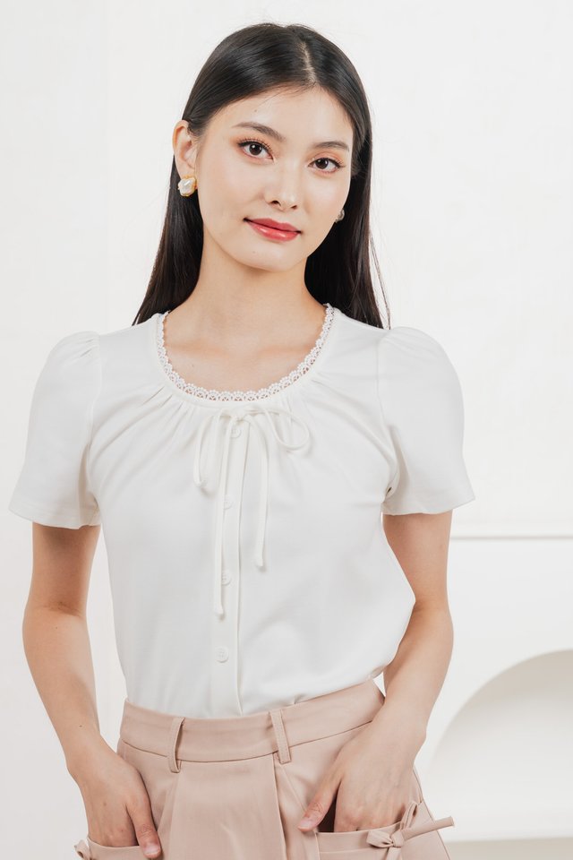 Fancy Crochet Ribbon Top In White