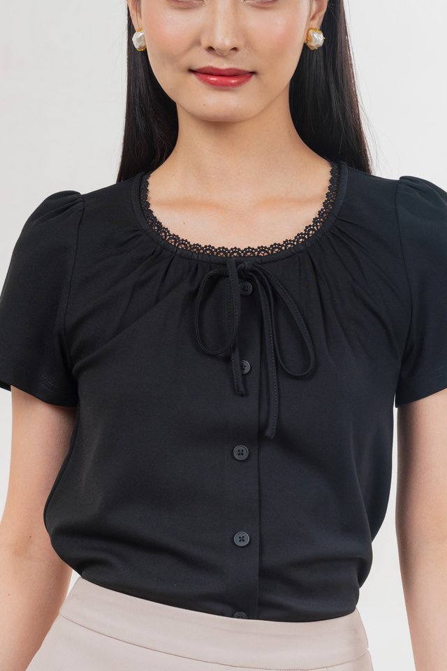 Fancy Crochet Ribbon Top In Black