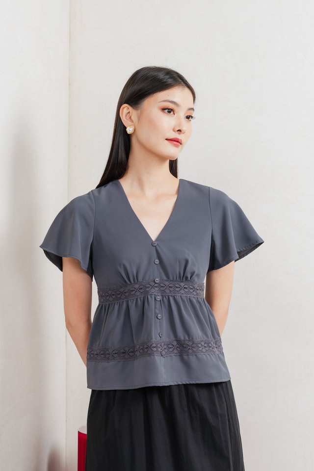 Moonlace Buttons Babydoll Top In Gunmetal