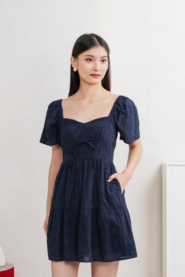 Etoile Floral Eyelet Ribbon Dress In Navy