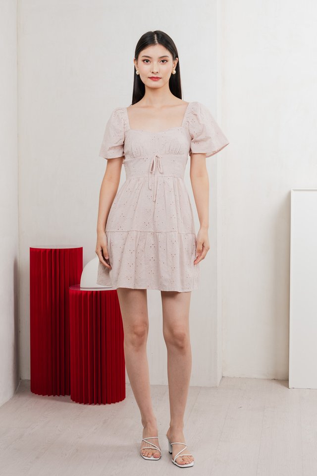 Etoile Floral Eyelet Ribbon Dress In Dusty Pink