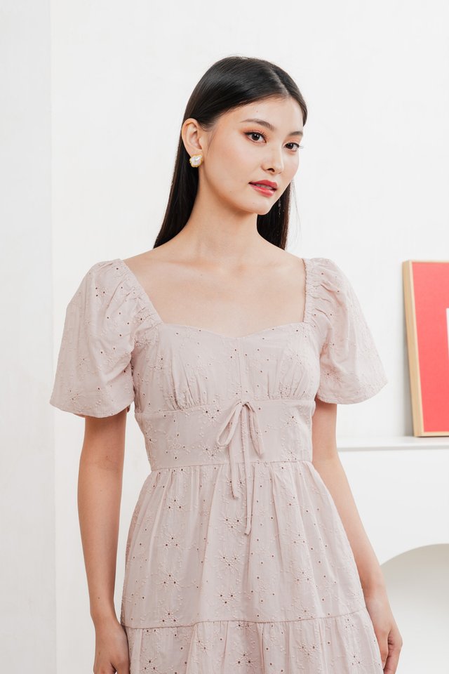 Etoile Floral Eyelet Ribbon Dress In Dusty Pink