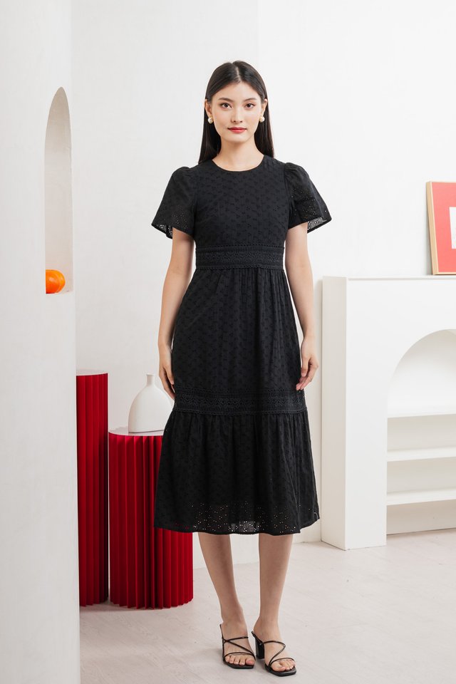 Splendor Eyelet Lace Midi Dress In Black