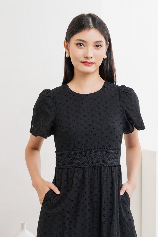 Splendor Eyelet Lace Midi Dress In Black