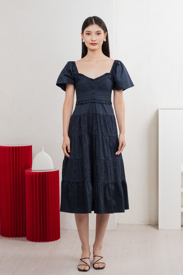 Perla Pintuck Eyelet Maxi Dress In Navy