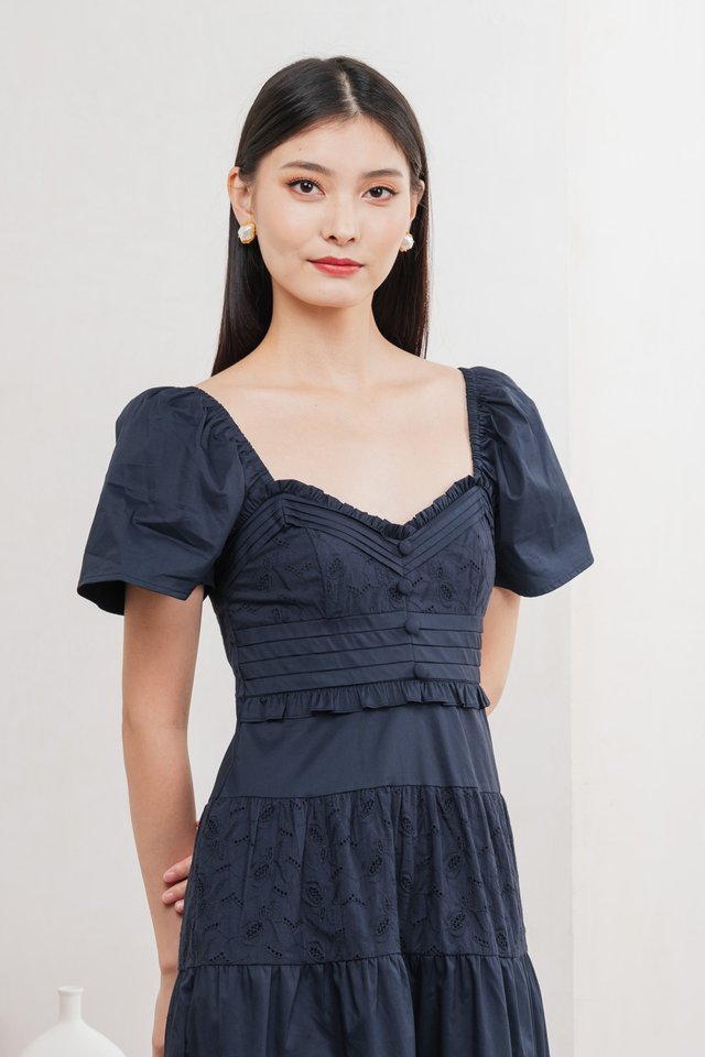 Perla Pintuck Eyelet Maxi Dress In Navy