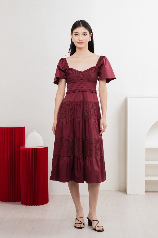 Perla Pintuck Eyelet Maxi Dress In Wine