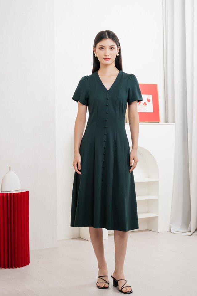 Lucien Buttons Midi Dress In Deep Emerald