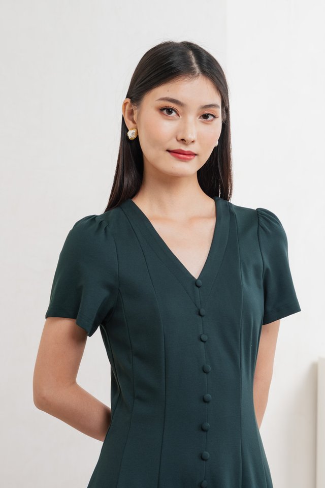 Lucien Buttons Midi Dress In Deep Emerald