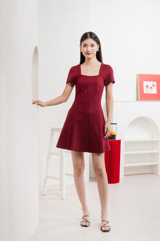 Camara Cotton Panelled Dress In Deep Red