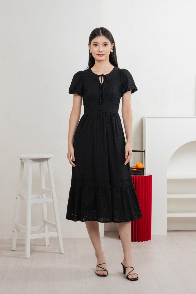 Kind Eyelet Cottagecore Midi Dress In Black