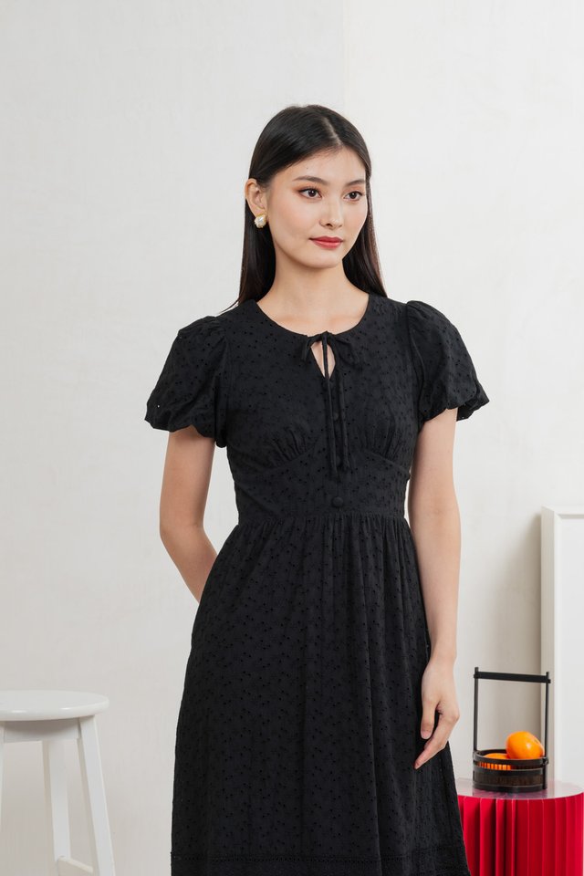 Kind Eyelet Cottagecore Midi Dress In Black
