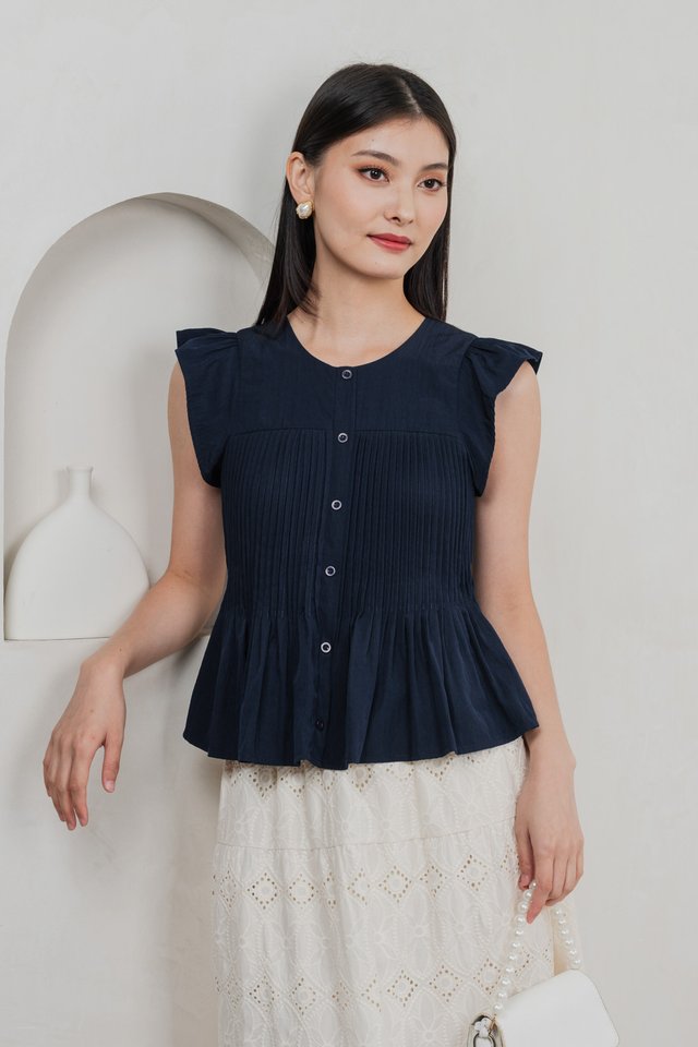 Bronwyn Buttons Pintuck Top In Navy