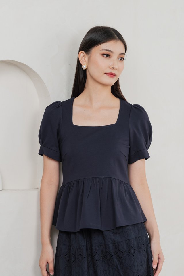Demure Cotton Babydoll Top In Navy