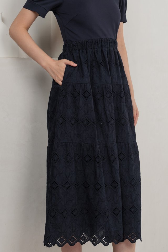 Mayfair Eyelet Midi Skirt In Navy