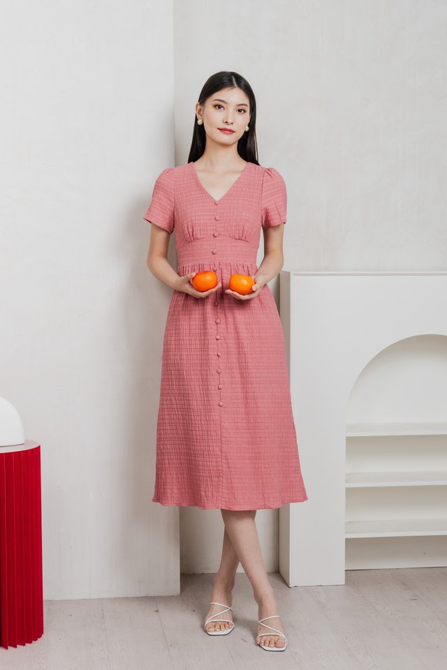 Wish Textured Buttons Midi Dress In Rose Pink