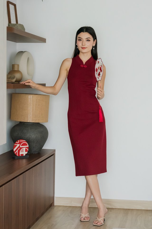 Mulan Qipao Midi Dress In Wine