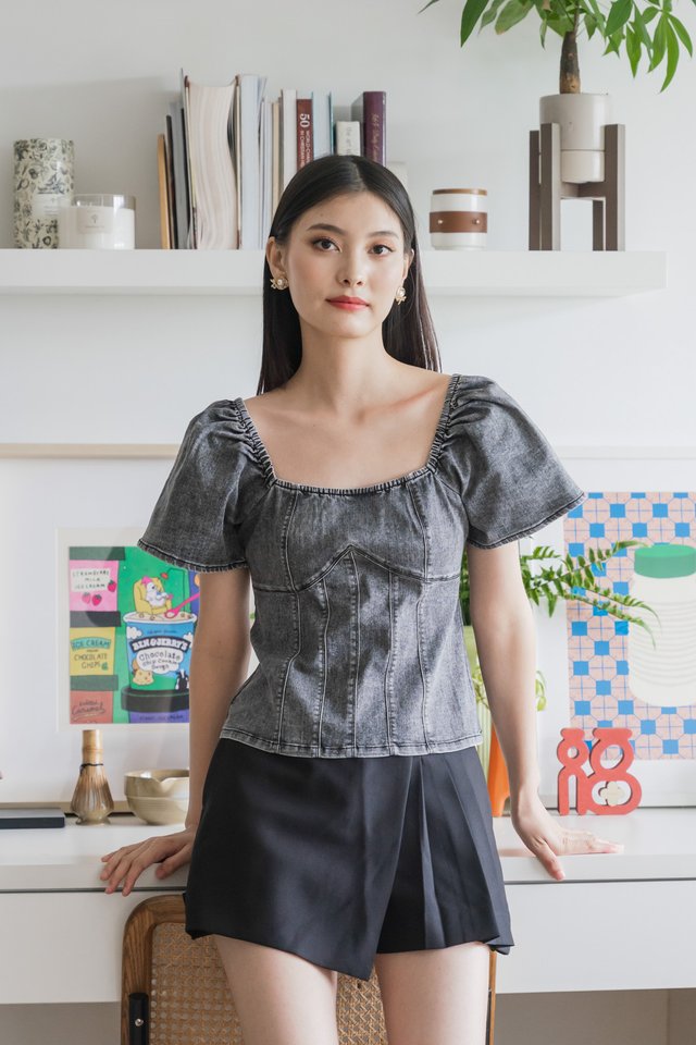 Prosper Denim Panelled Top In Stone