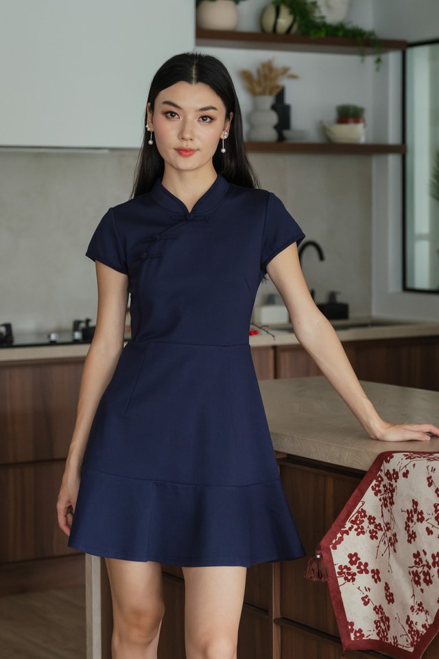 Marvel Cheongsam Dress In Navy