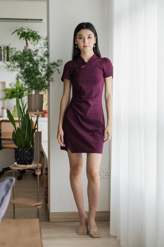 Festiva Side Ruched Cheongsam Dress In Plum
