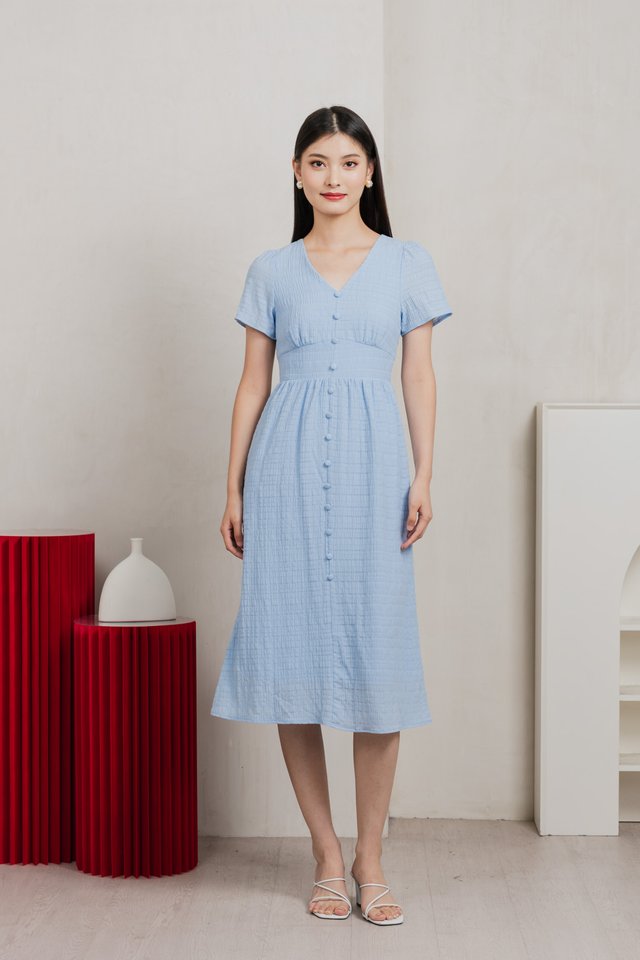 Wish Textured Buttons Midi Dress In Powder Blue