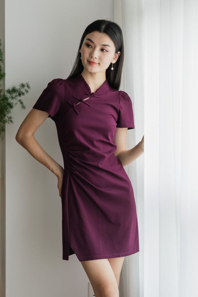 Festiva Side Ruched Cheongsam Dress In Plum