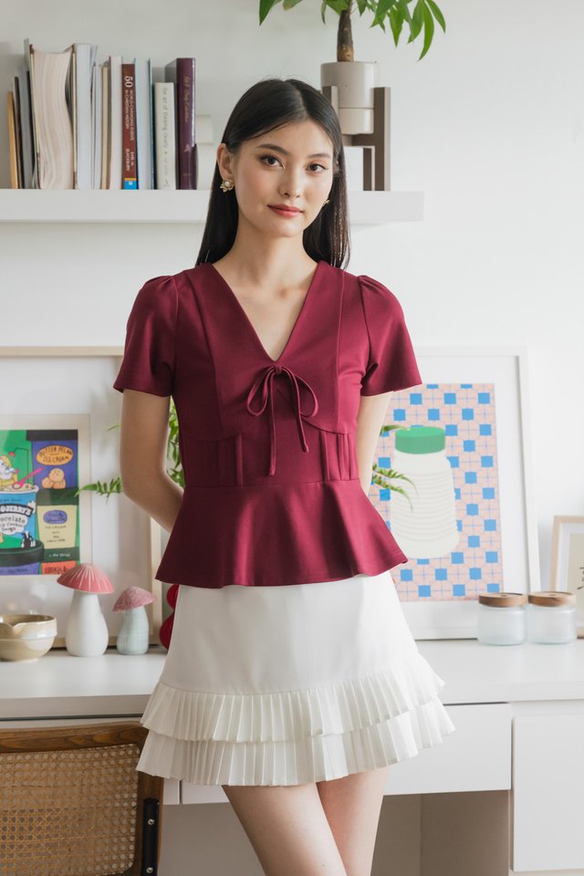 Miko Ribbon Empire Top In Wine