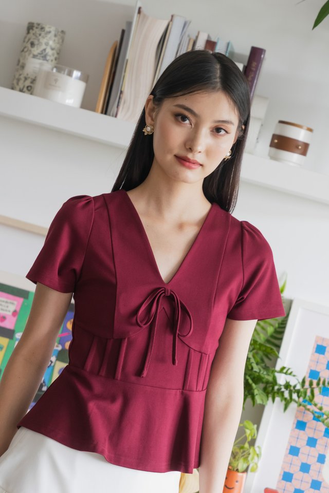 Miko Ribbon Empire Top In Wine