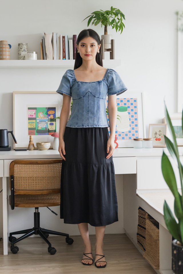 Prosper Denim Panelled Top In Denim Blue