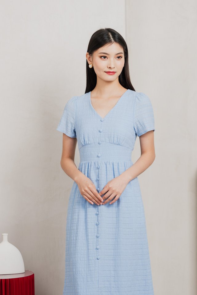 Wish Textured Buttons Midi Dress In Powder Blue