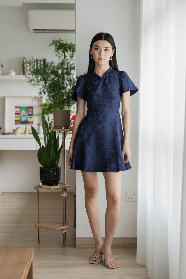 Allure Embossed Cheongsam Dress In Navy