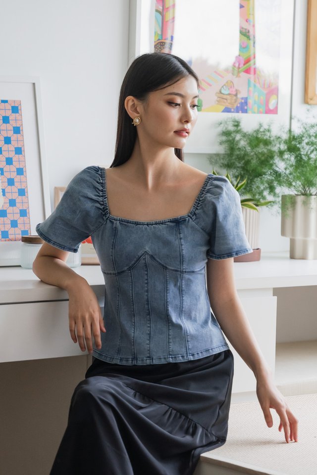 Prosper Denim Panelled Top In Denim Blue