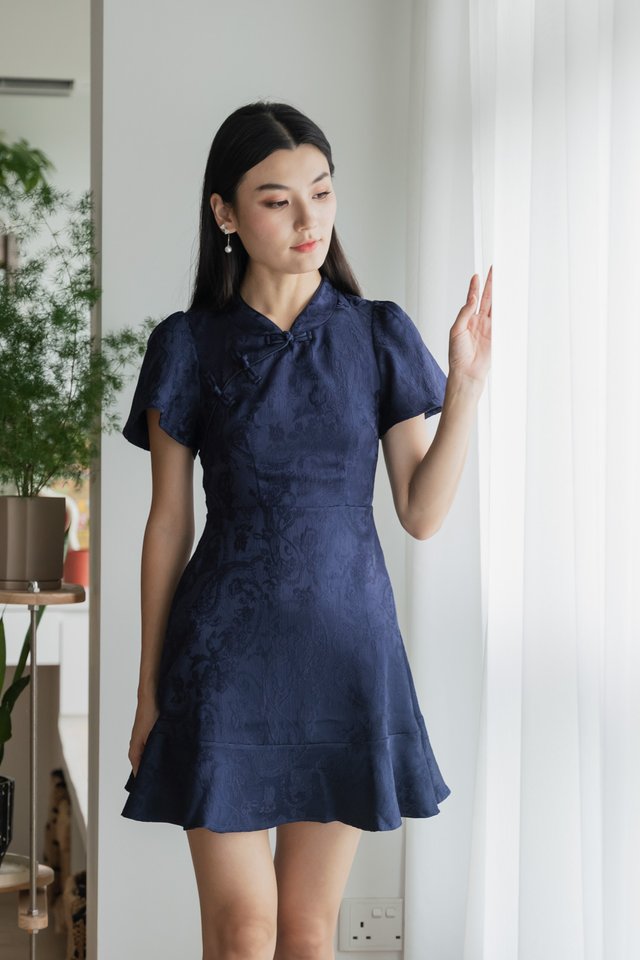 Allure Embossed Cheongsam Dress In Navy