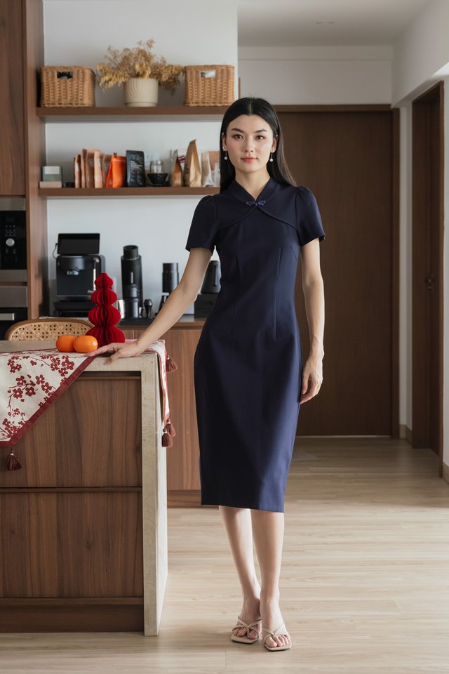 Majesty Cotton Qipao Midi Dress In Navy