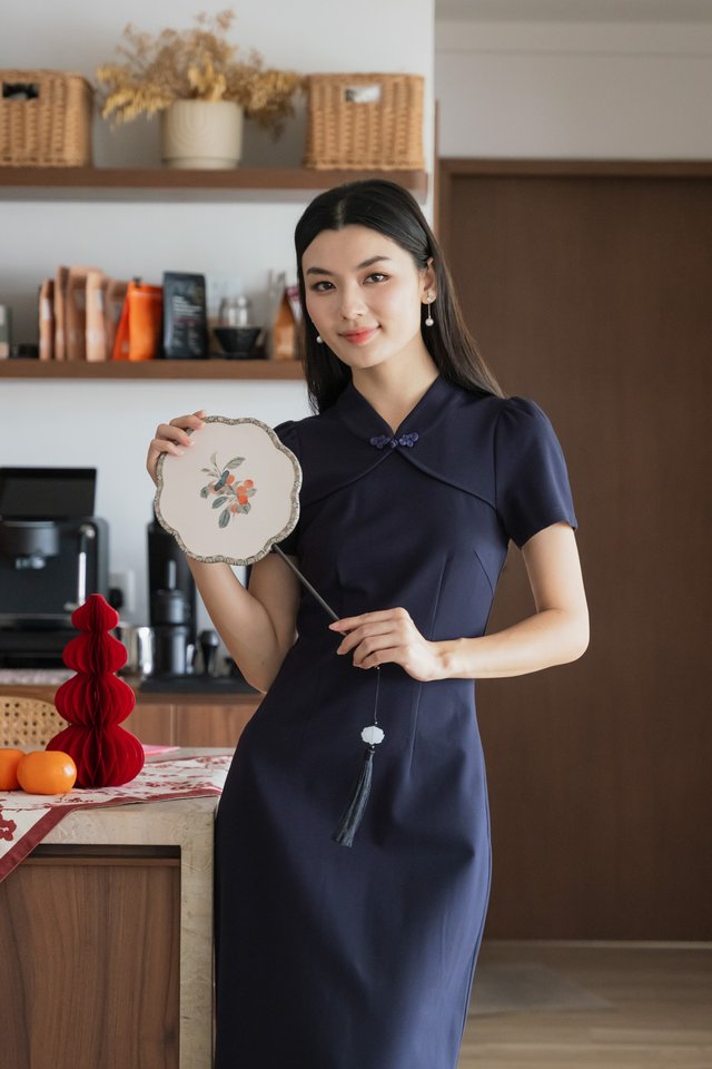 Majesty Cotton Qipao Midi Dress In Navy