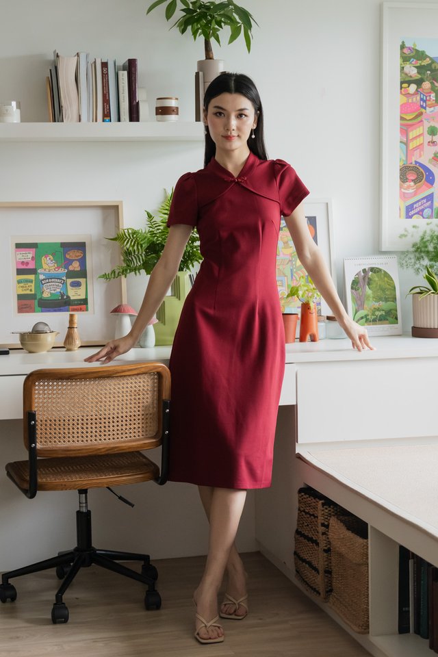 Majesty Cotton Qipao Midi Dress In Wine