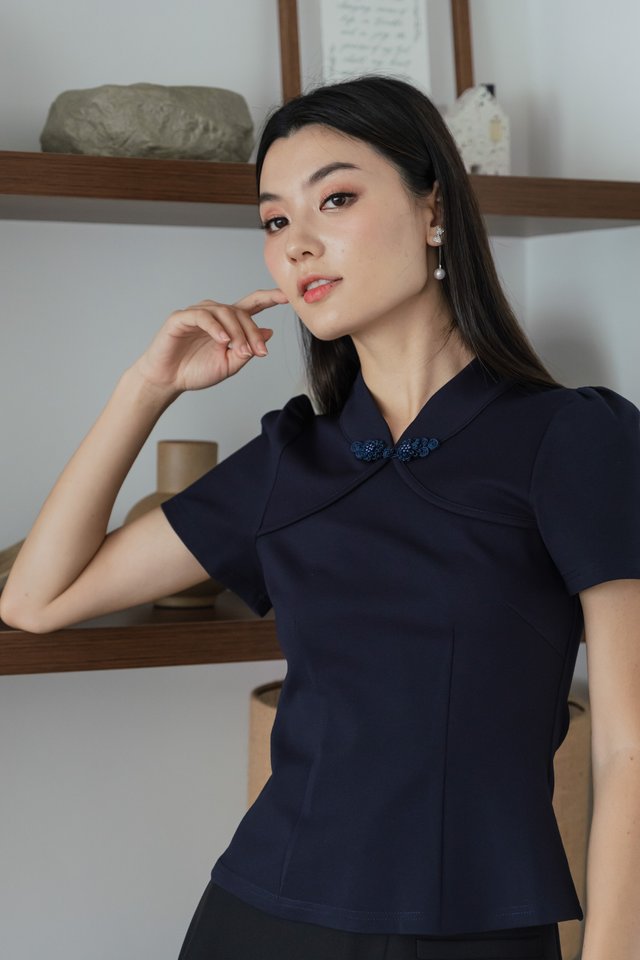 Majesty Cotton Qipao Top In Navy
