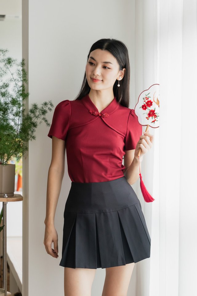Majesty Cotton Qipao Top In Wine