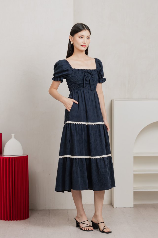 Mary Smocked Cottagecore Midi Dress In Navy