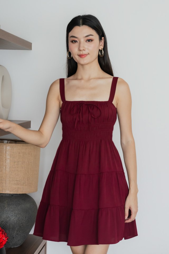 Sunrise Smocked Waist Tiered Dress In Wine