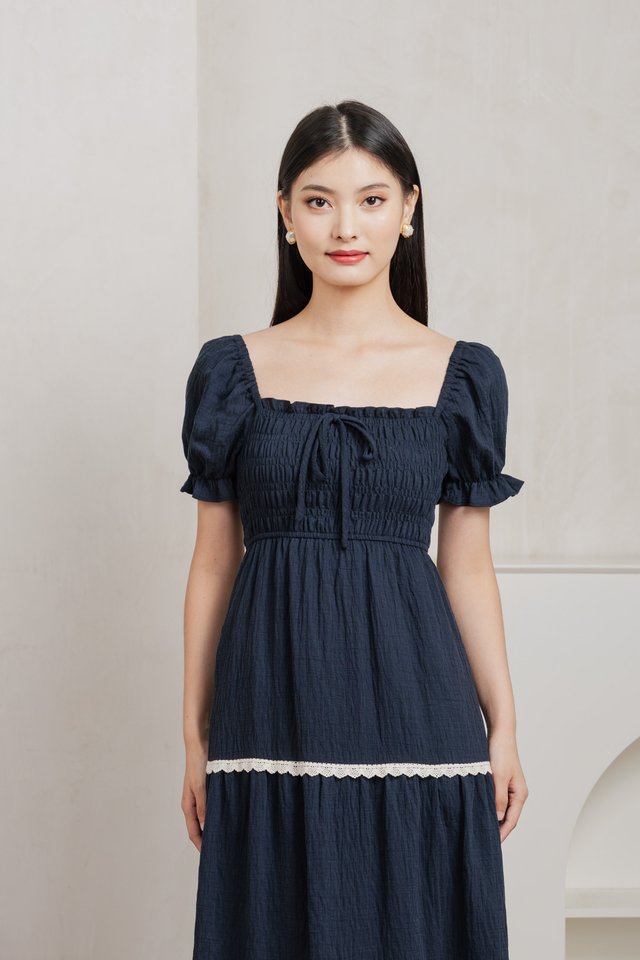 Mary Smocked Cottagecore Midi Dress In Navy