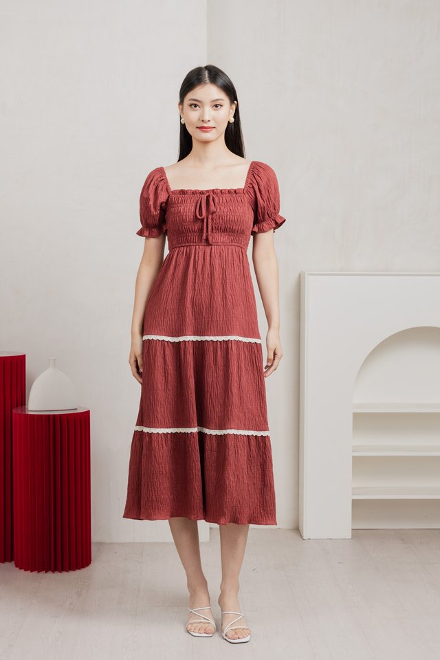 Mary Smocked Cottagecore Midi Dress In Rust