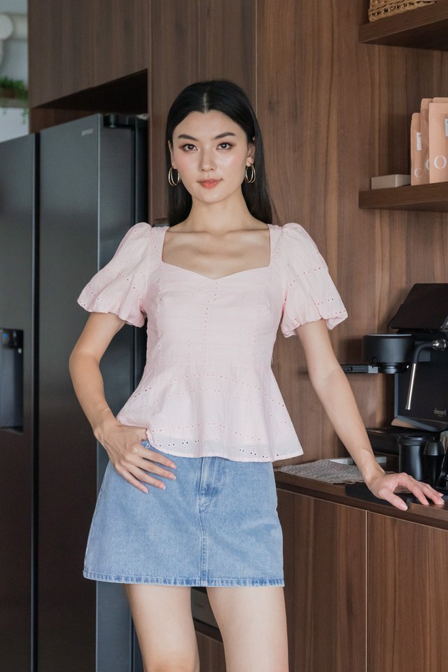 Praise Eyelet Puff Sleeves Top In Light Pink