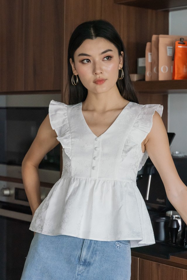 Ruby Embossed Ruffle Sleeves Top In White