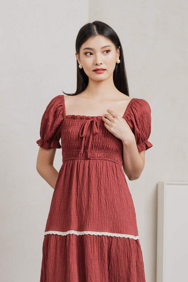 Mary Smocked Cottagecore Midi Dress In Rust