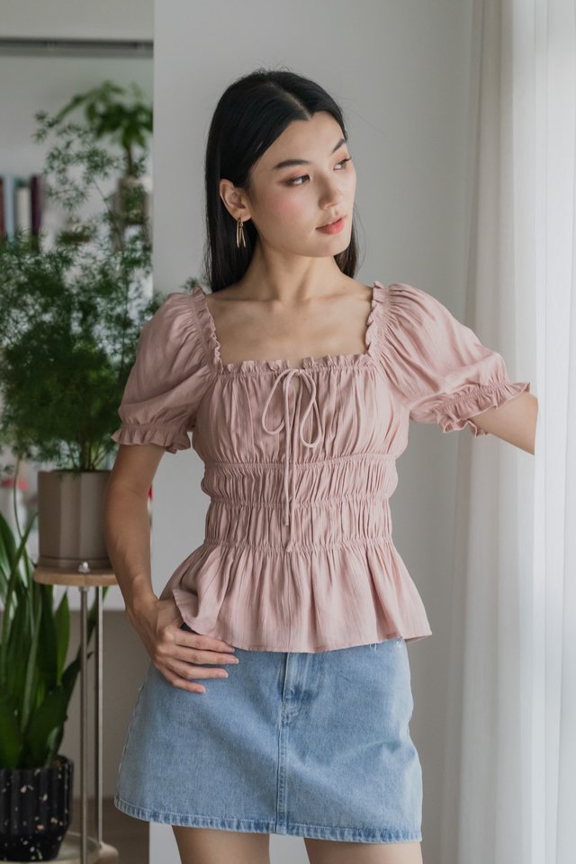Hope Ruched Ribbon Top In Dusty Pink